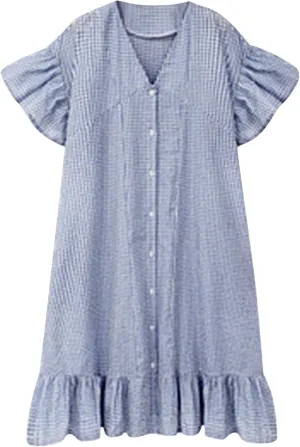 Button Down Mini Dress for Women Short Sleeve Ruffle Hem Shirt Dresses Summer Casual Loose Fit Going Out Work Sundress