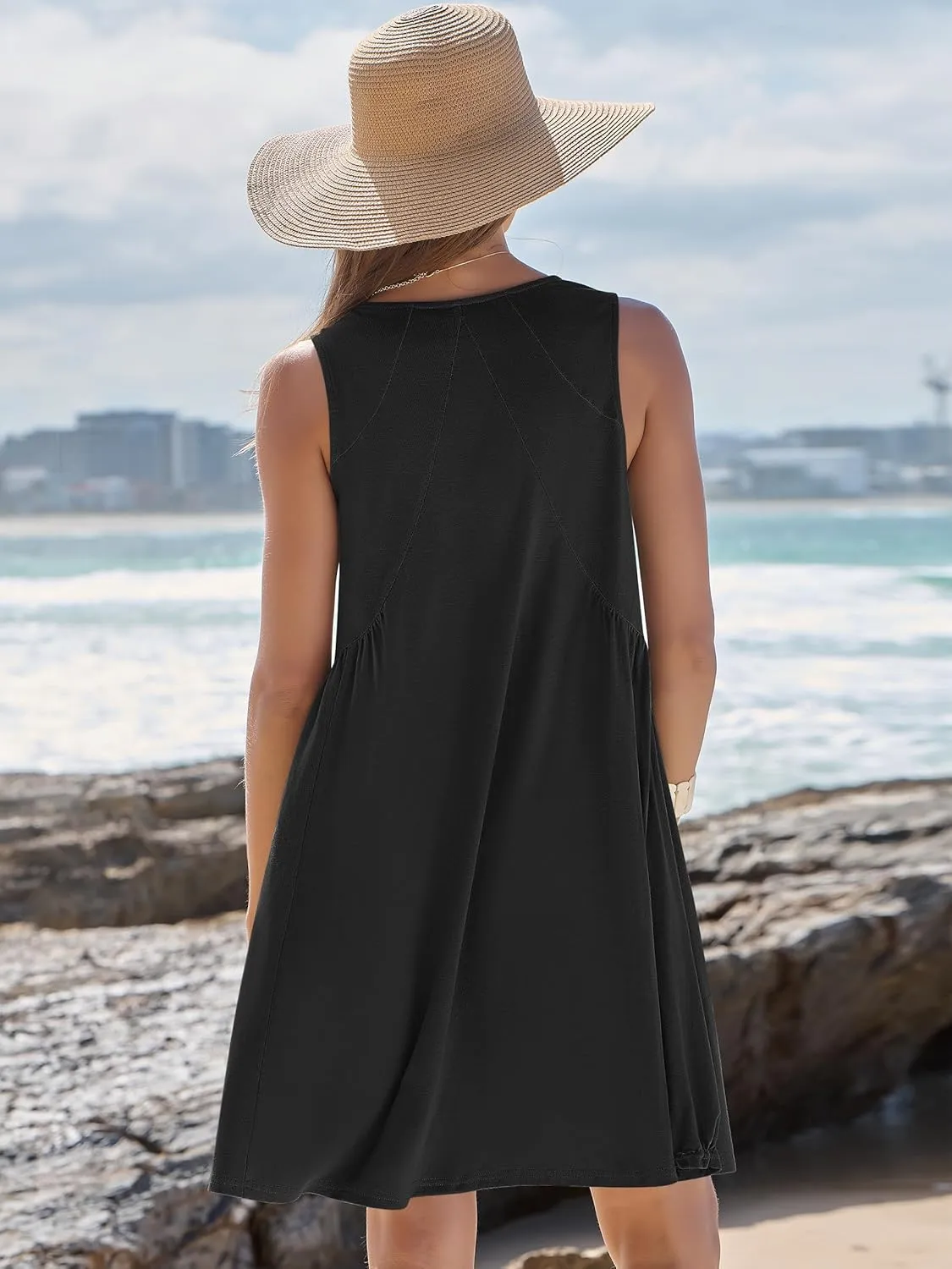Caracilia Womens Summer Beach Cover Up Mini Dresses Casual Sleeveless Loose V Neck Swing Flowy Sundress Cruise Resort Wear