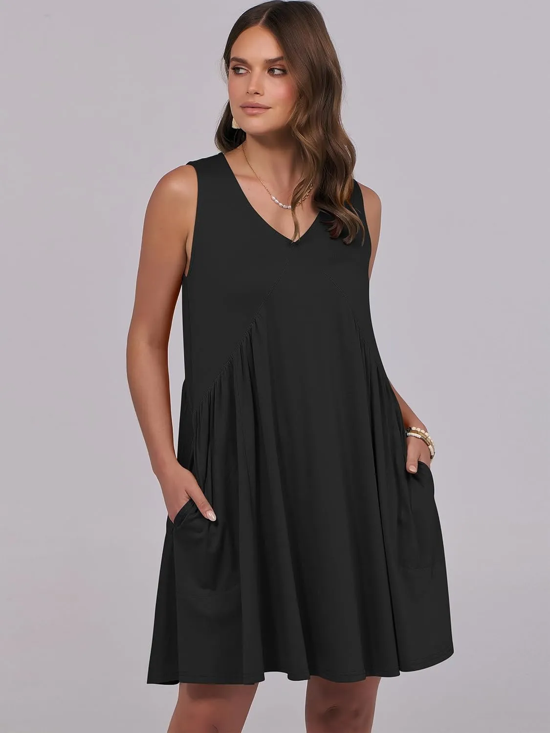 Caracilia Womens Summer Beach Cover Up Mini Dresses Casual Sleeveless Loose V Neck Swing Flowy Sundress Cruise Resort Wear