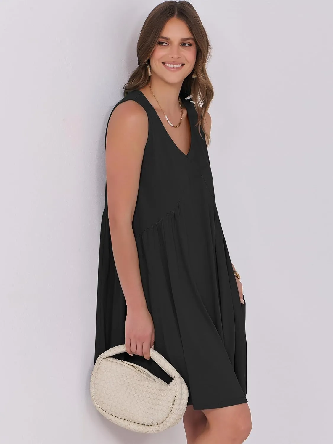 Caracilia Womens Summer Beach Cover Up Mini Dresses Casual Sleeveless Loose V Neck Swing Flowy Sundress Cruise Resort Wear