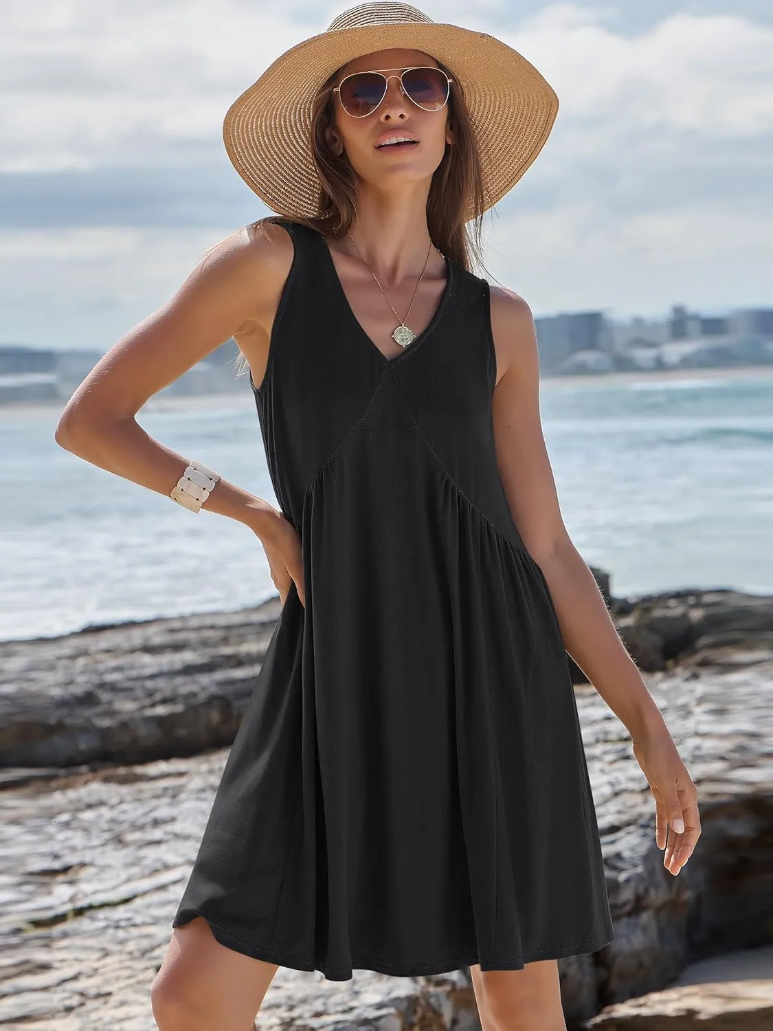 Caracilia Womens Summer Beach Cover Up Mini Dresses Casual Sleeveless Loose V Neck Swing Flowy Sundress Cruise Resort Wear