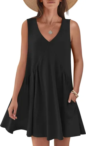 Caracilia Womens Summer Beach Cover Up Mini Dresses Casual Sleeveless Loose V Neck Swing Flowy Sundress Cruise Resort Wear
