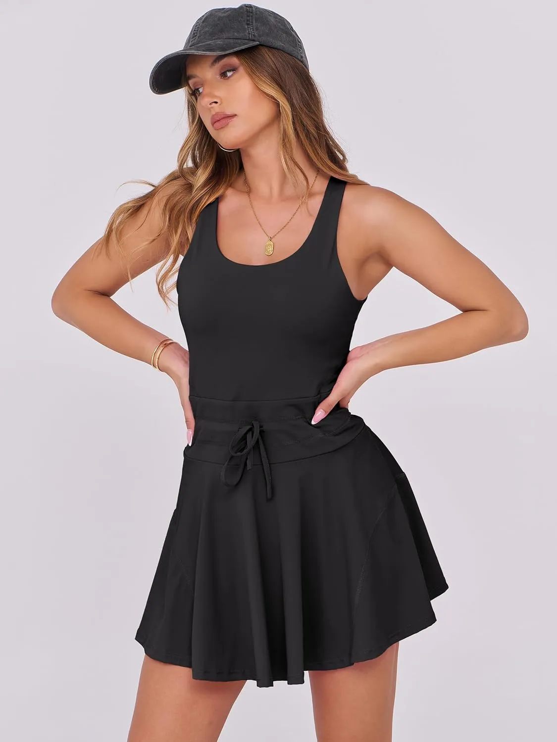 Caracilia Women's Tennis Mini Dresses Workout Built in Shorts Golf Athletic Sleeveless One Piece Summer Active Romper Dress