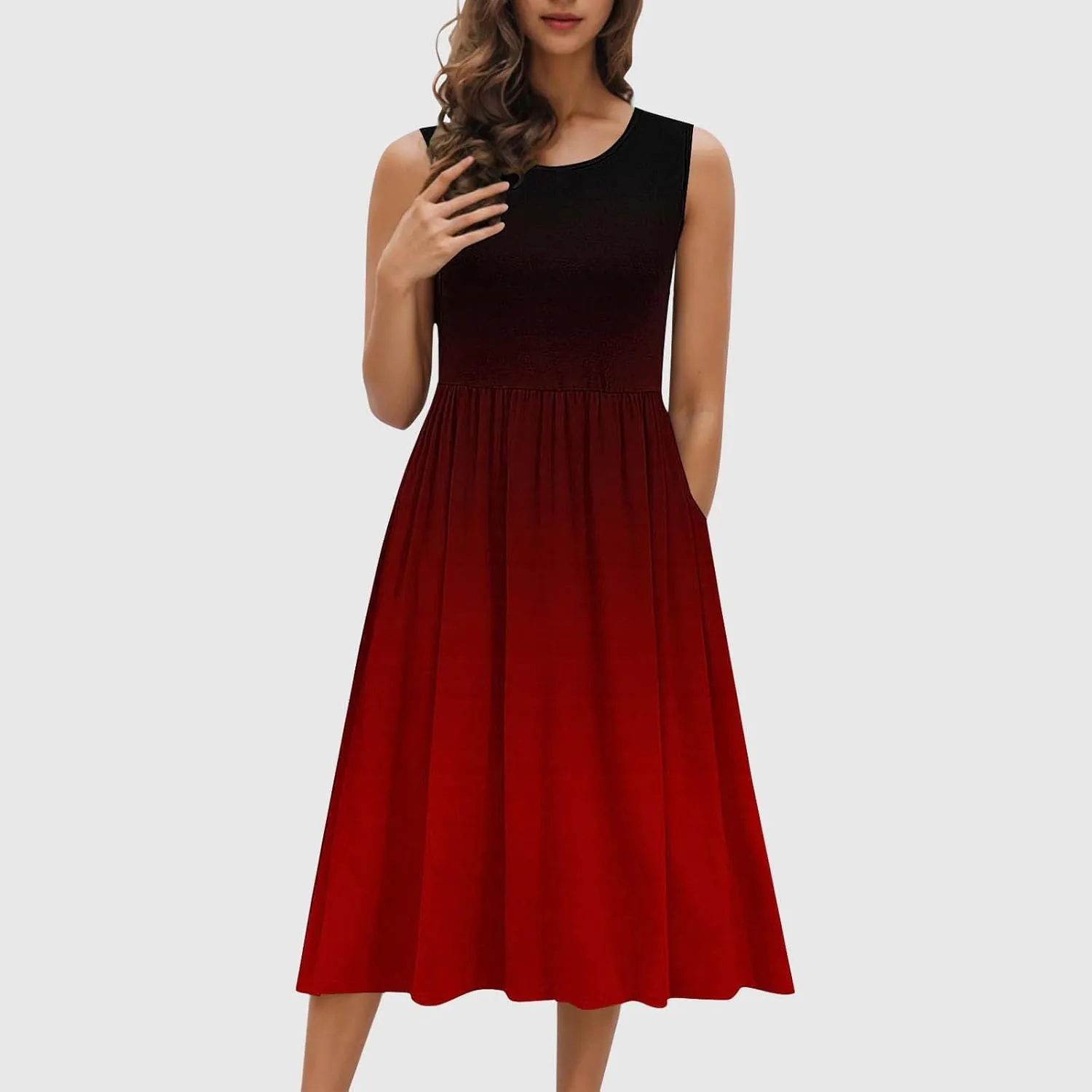 Casual Dresses for Women Summer Sleeveless Tie Dye Sundresses Empire Waist Midi Tank Dresses with Pockets 2025
