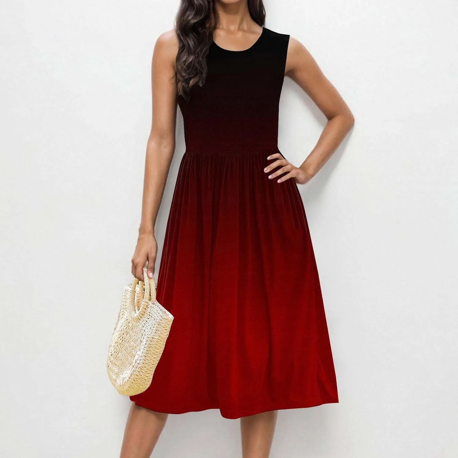 Casual Dresses for Women Summer Sleeveless Tie Dye Sundresses Empire Waist Midi Tank Dresses with Pockets 2025