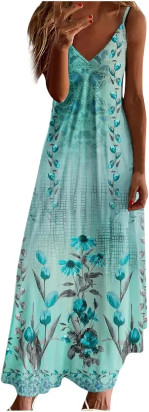 Ceboyel Boho Dresses for Women 2023 Long Summer Dress Sleeveless Spaghetti Strap Sundress Trendy Causal Ladies Outfits