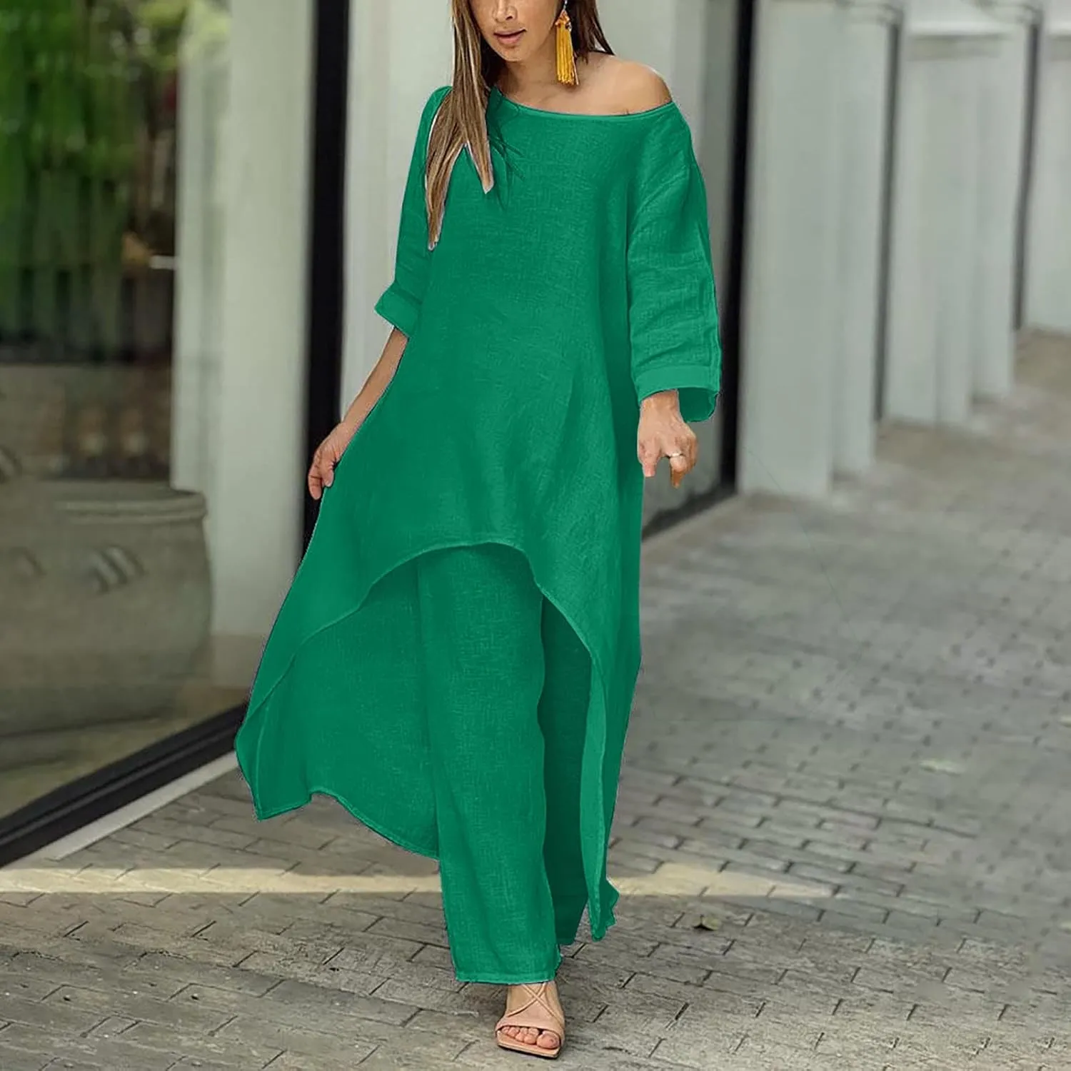 Ceboyel Summer Boho Dresses for Women 2023 Cotton Linen Dress One Shoulder Long Maxi Dresses Casual Beach Ladies Outfits