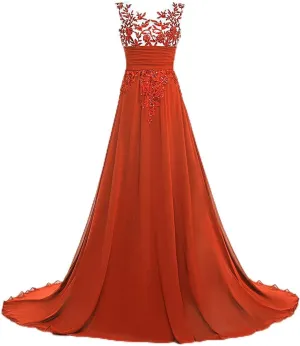 CharmingBridal Women A Line Illusion Lace Prom Dresses Chiffon Evening Gowns