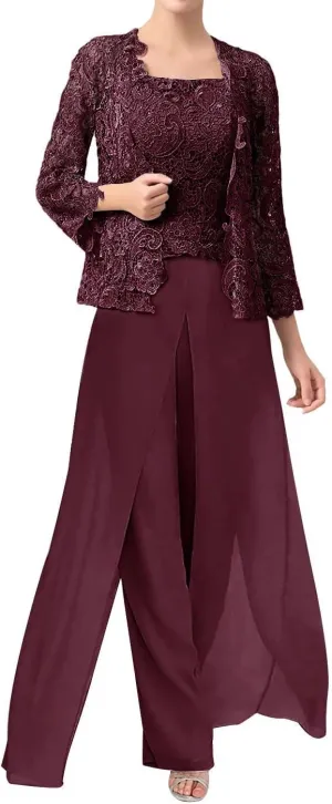 Chiffon 3 Pieces Mother of The Bride Pant Suit for Wedding with Appliques 3/4 Sleeves Formal Evening Gowns