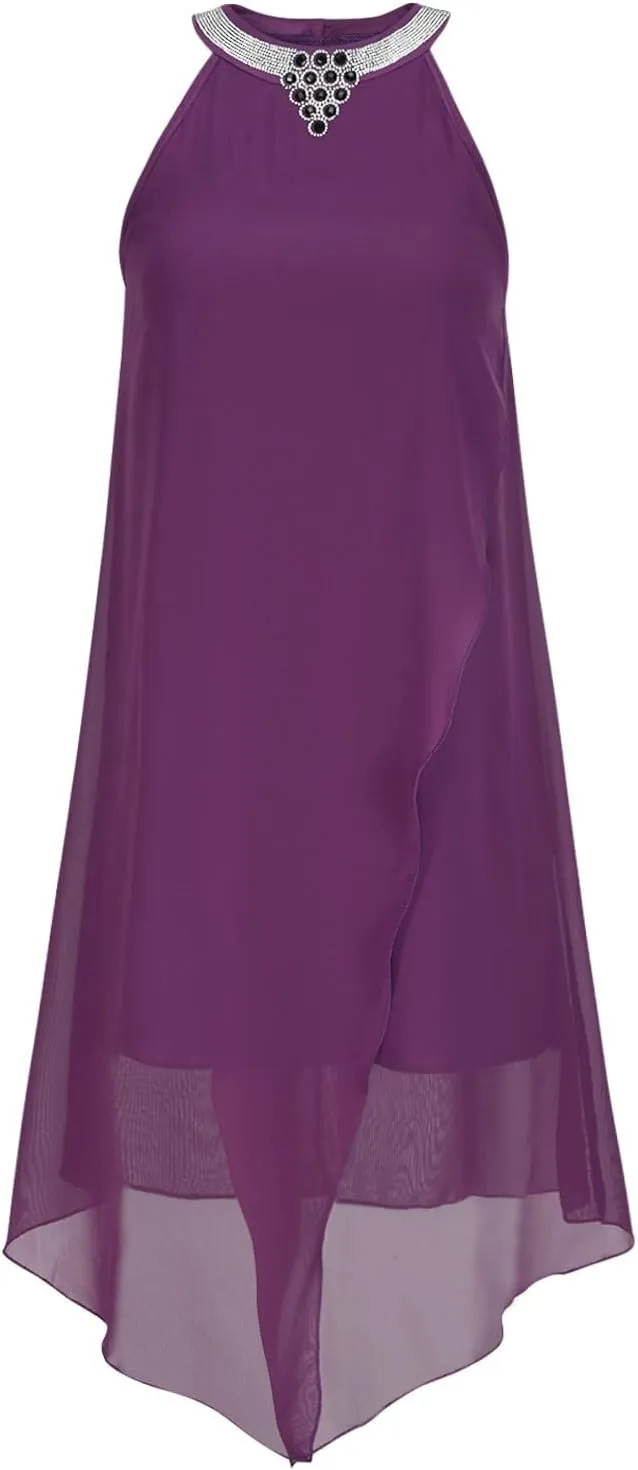 Chiffon Halter Dress for Women Dressy Tiered Evening Dresses Plus Size Choker Neck Swing Midi Sundress