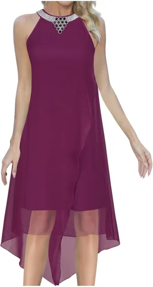 Chiffon Halter Dress for Women Dressy Tiered Evening Dresses Plus Size Choker Neck Swing Midi Sundress