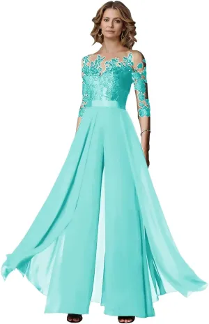 Chiffon Jumpsuits Mother of The Bride Long Sleeve Laces Wedding Formal Pant Suits for Women