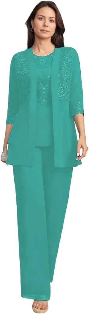 Chiffon Pants Suits for Women Dressy Mother of The Bride Dresses 3 PC Outfits Formal Evening Gowns with Jackets Turquoise