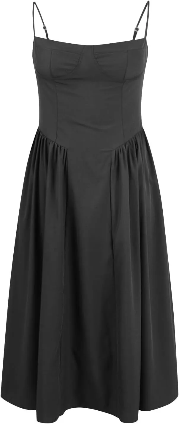 Corset Dress for Women Spaghetti Strap Bustier Midi Party Dresses 2025 Pleated Hem Low Cut Prom Dress with Pockets