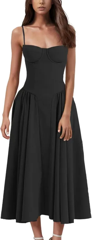 Corset Dress for Women Spaghetti Strap Bustier Midi Party Dresses 2025 Pleated Hem Low Cut Prom Dress with Pockets