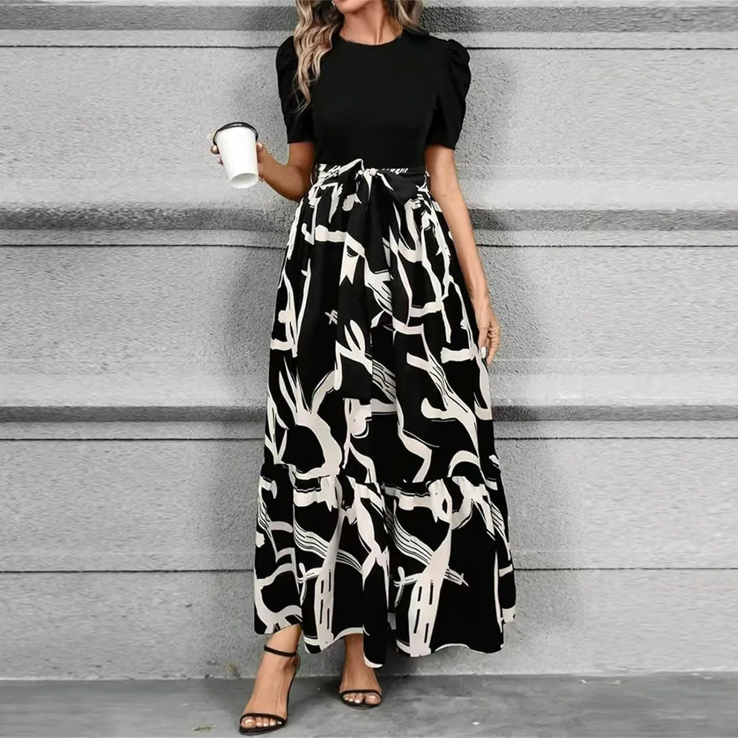 COTECRAM Women's 2025 Summer Casual Short Sleeve Crew Neck High Waist Smocked Tiered A Line Boho Beach Midi Maxi Dress