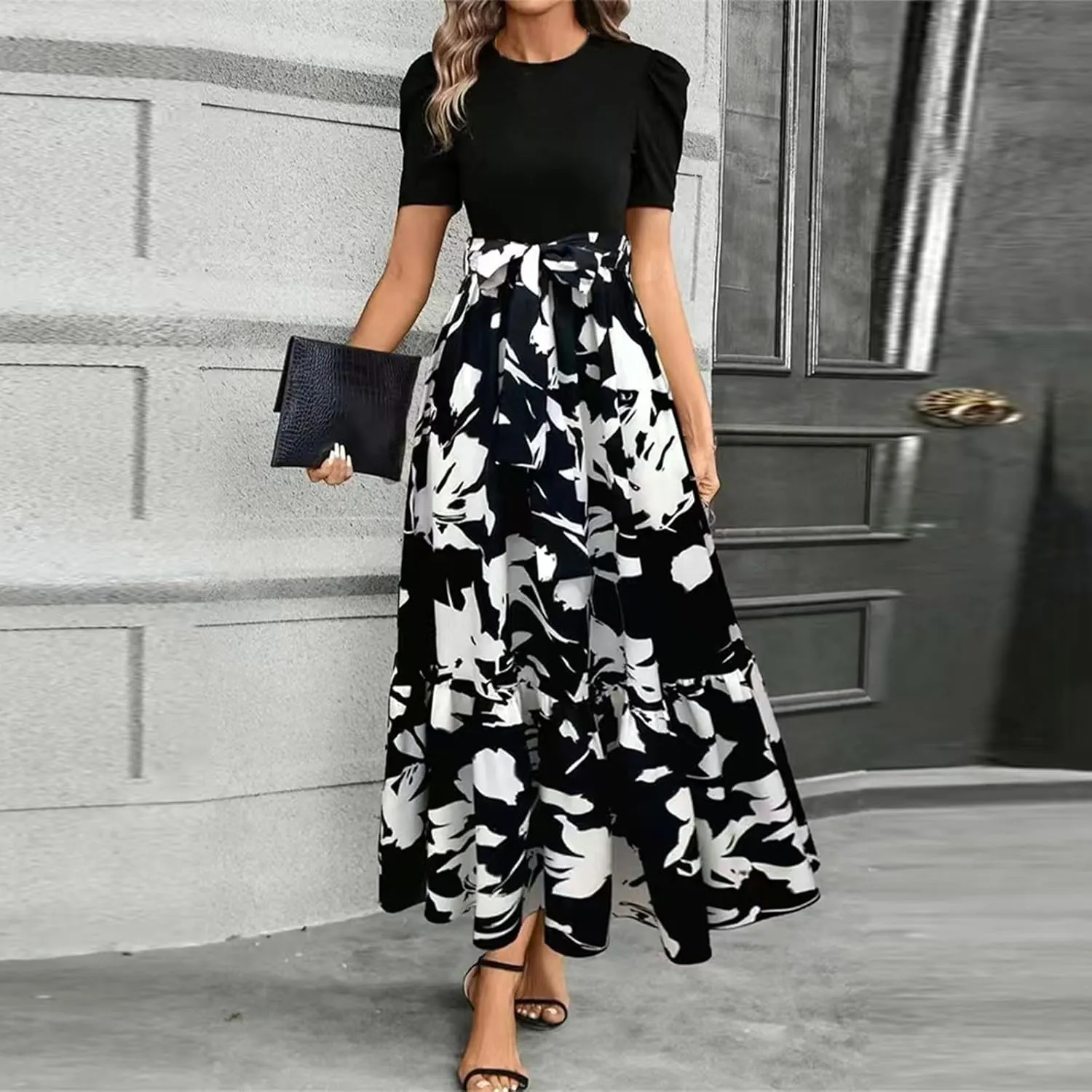 COTECRAM Women's 2025 Summer Casual Short Sleeve Crew Neck High Waist Smocked Tiered A Line Boho Beach Midi Maxi Dress