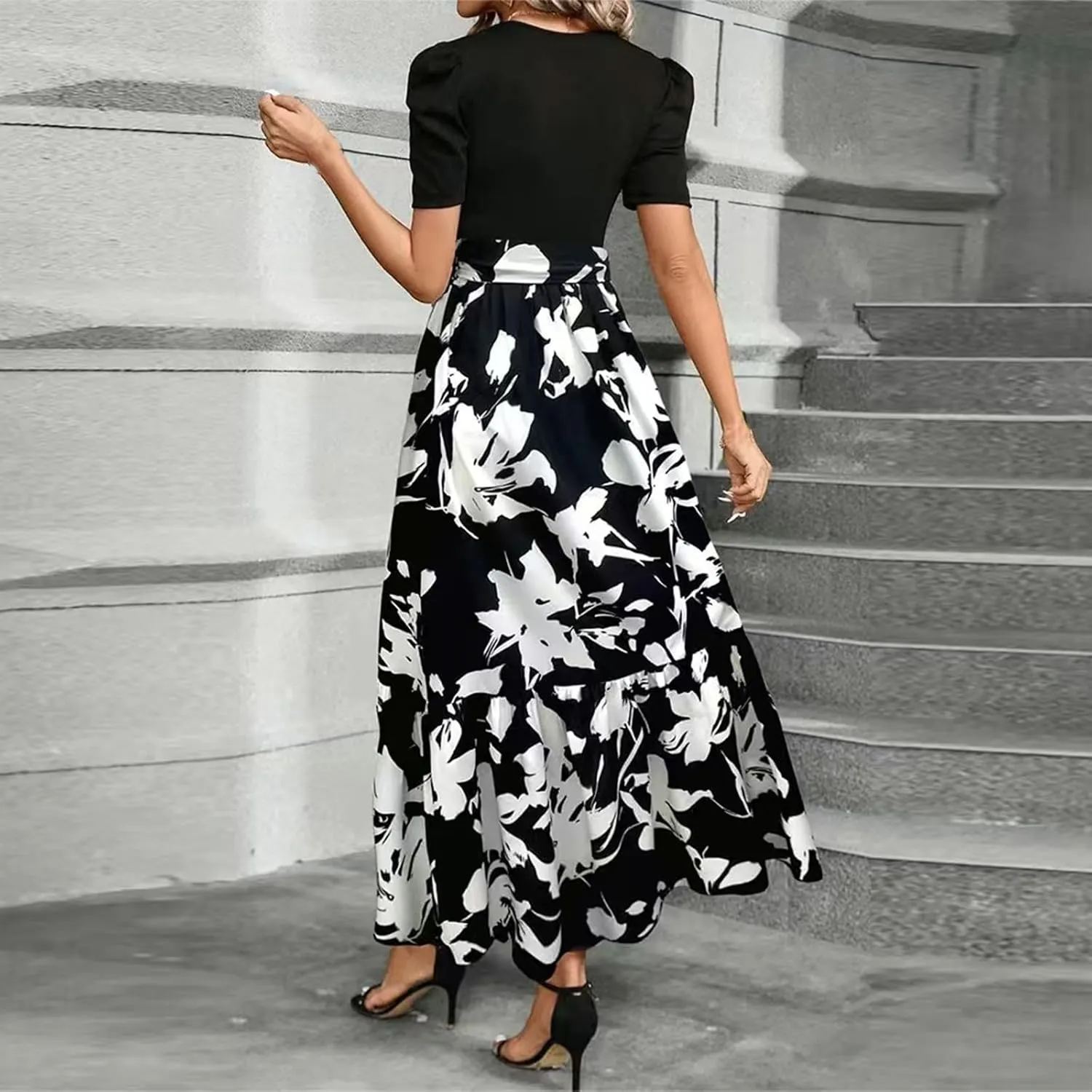 COTECRAM Women's 2025 Summer Casual Short Sleeve Crew Neck High Waist Smocked Tiered A Line Boho Beach Midi Maxi Dress