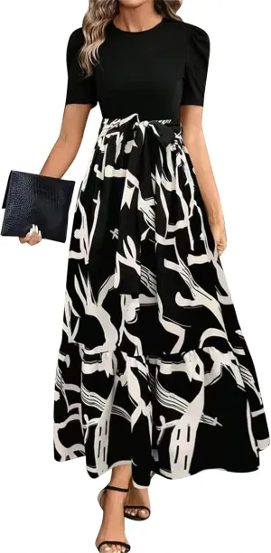 COTECRAM Women's 2025 Summer Casual Short Sleeve Crew Neck High Waist Smocked Tiered A Line Boho Beach Midi Maxi Dress