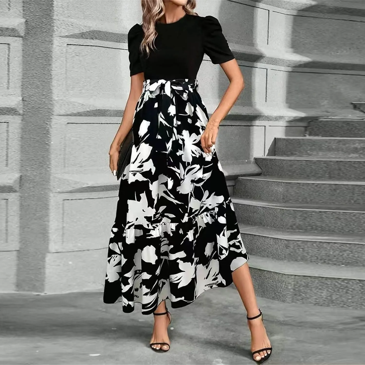 COTECRAM Women's 2025 Summer Casual Short Sleeve Crew Neck High Waist Smocked Tiered A Line Boho Beach Midi Maxi Dress