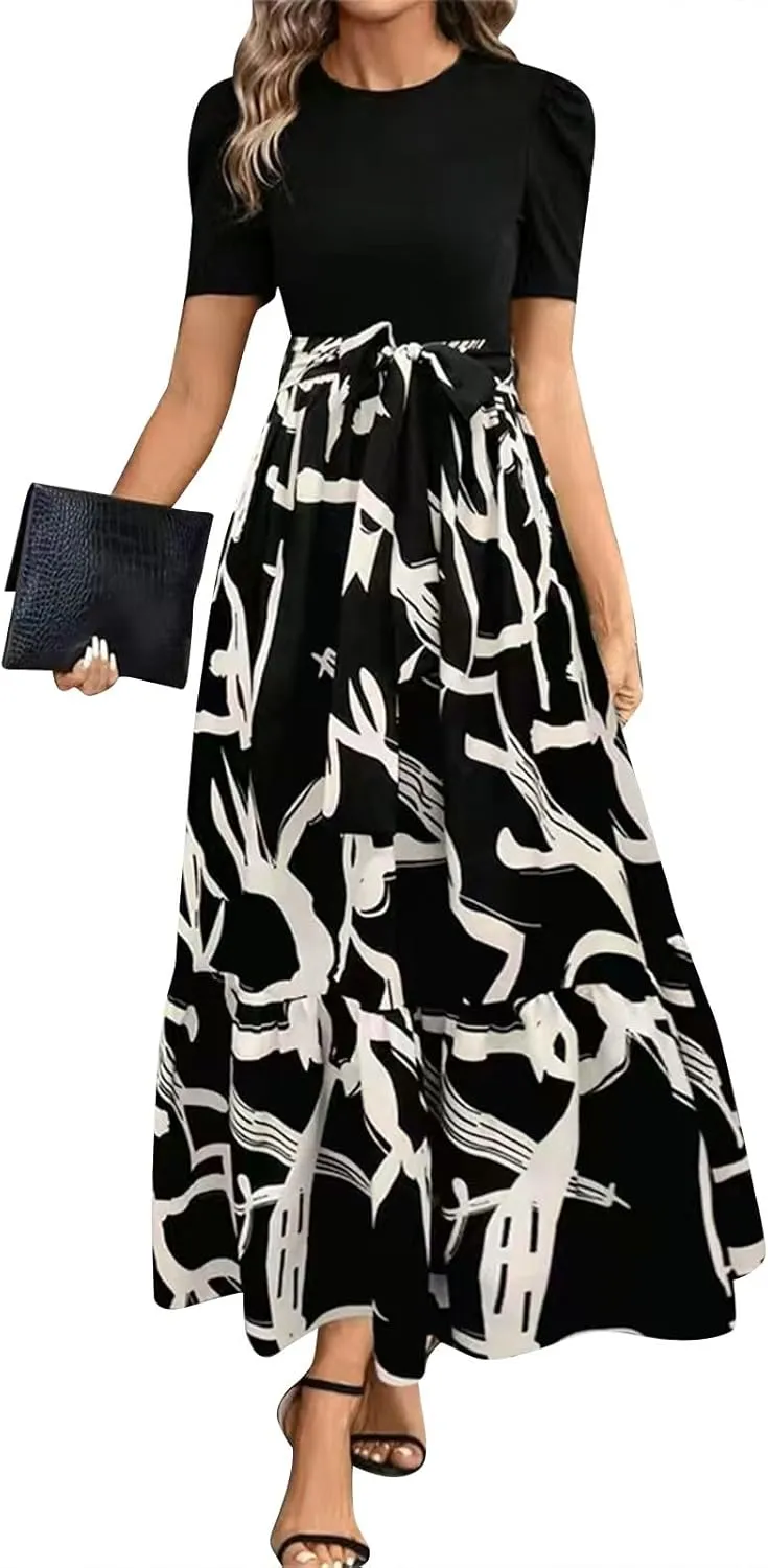 COTECRAM Women's 2025 Summer Casual Short Sleeve Crew Neck High Waist Smocked Tiered A Line Boho Beach Midi Maxi Dress