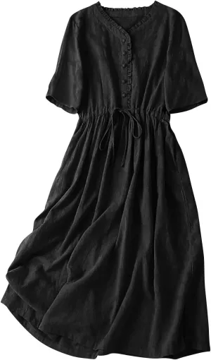 Cotton Dresses for Women 2025 Casual Short Sleeve Linen Dresses Summer Button Down Midi Dress Drawstring Beach Dress