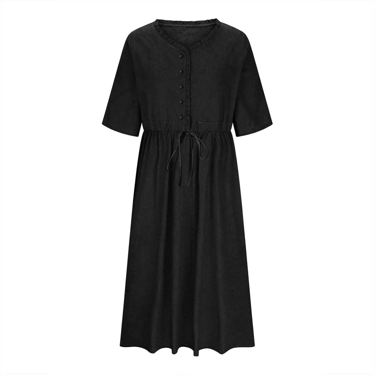 Cotton Dresses for Women 2025 Casual Short Sleeve Linen Dresses Summer Button Down Midi Dress Drawstring Beach Dress