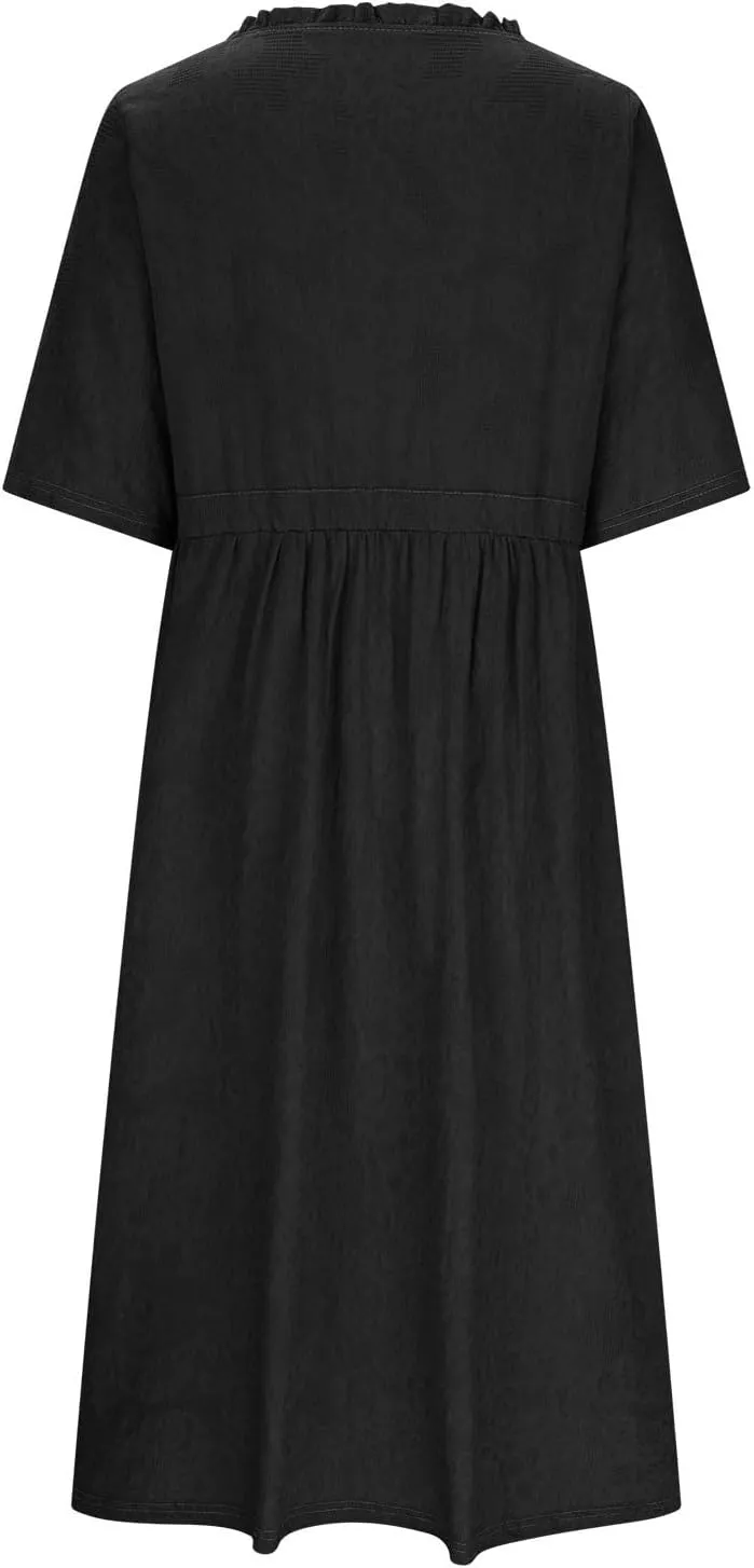 Cotton Dresses for Women 2025 Casual Short Sleeve Linen Dresses Summer Button Down Midi Dress Drawstring Beach Dress