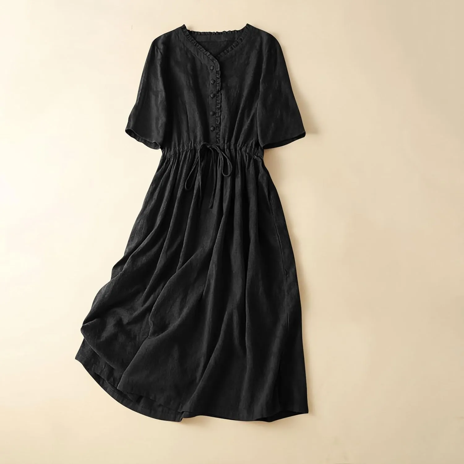 Cotton Dresses for Women 2025 Casual Short Sleeve Linen Dresses Summer Button Down Midi Dress Drawstring Beach Dress