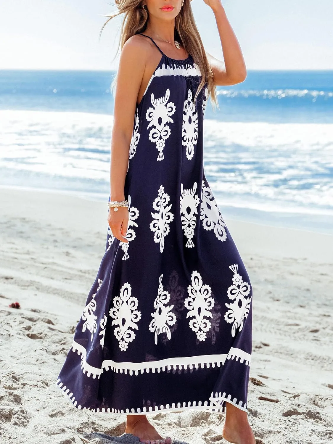 CUPSHE Women Casual Summer Dresses Loose Sundress Round Neck Sleeveless Long Beach Vacation 2025 Maxi Dress Outfit