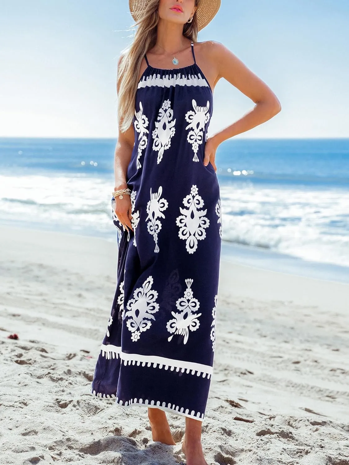 CUPSHE Women Casual Summer Dresses Loose Sundress Round Neck Sleeveless Long Beach Vacation 2025 Maxi Dress Outfit