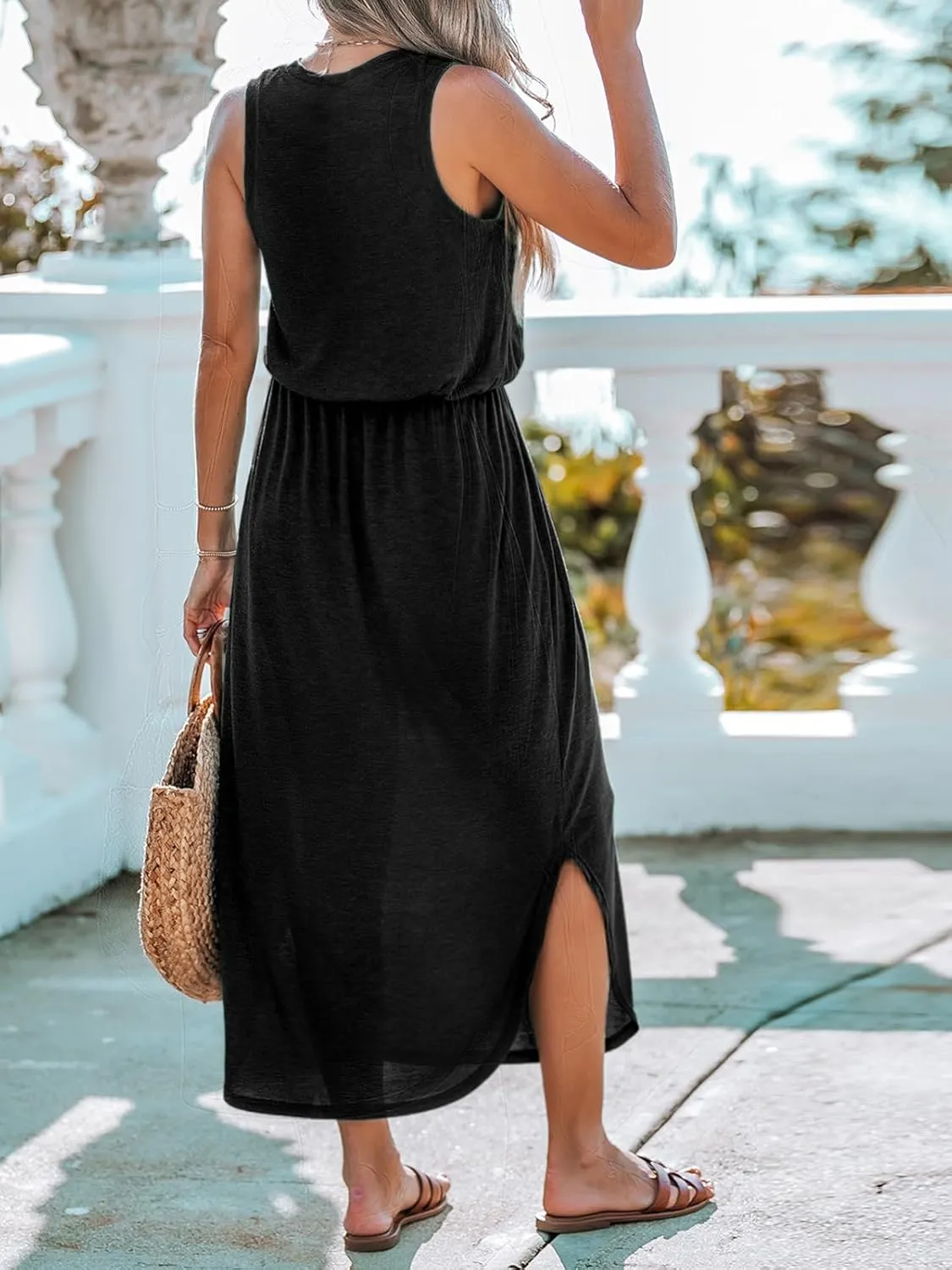 CUPSHE Women Knit Summer Dress Cover Up Crew Neck Elastic Waist Side Slit Midi Casual Sundress Beach Cover Up Dresses