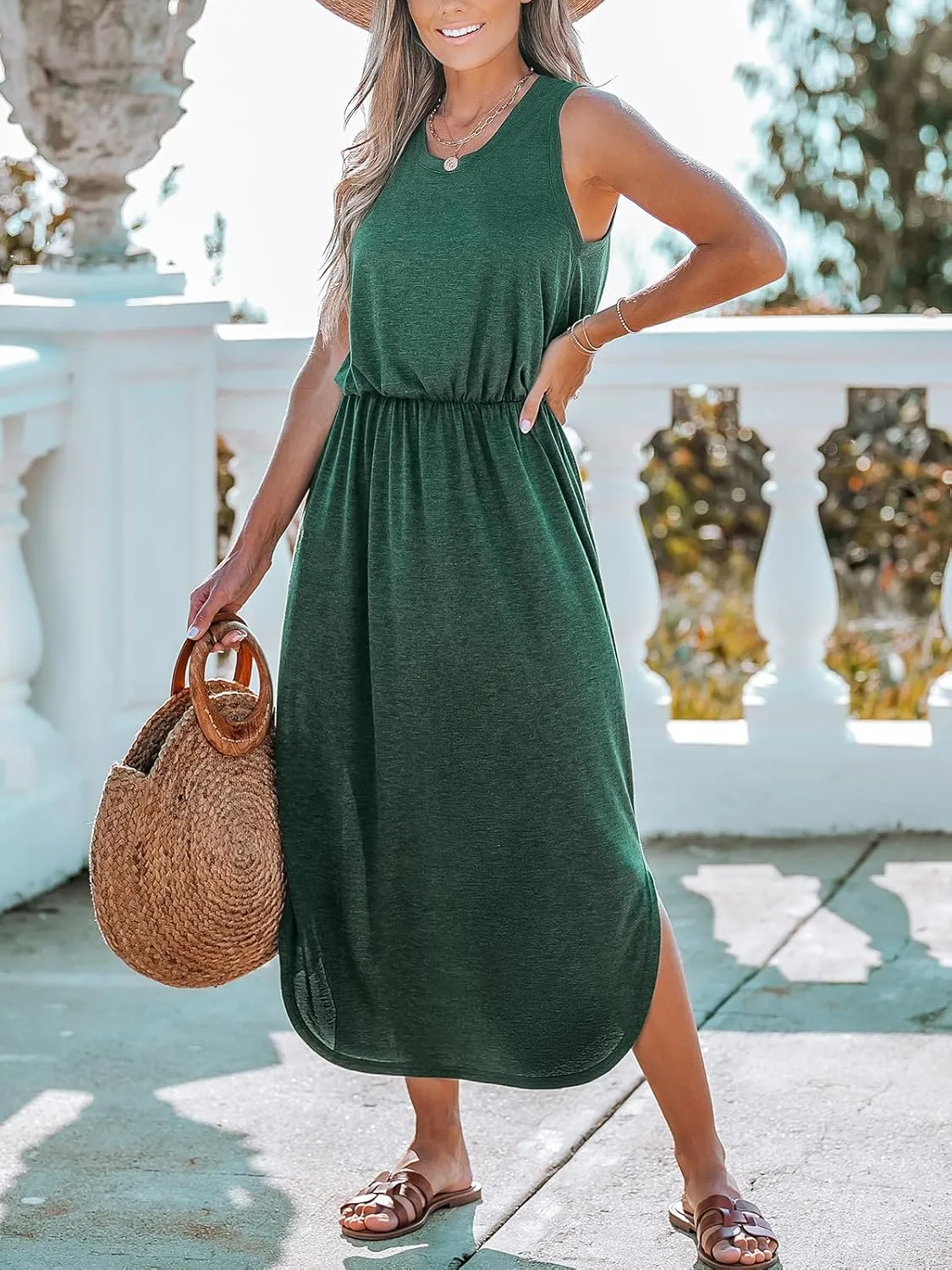 CUPSHE Women Knit Summer Dress Cover Up Crew Neck Elastic Waist Side Slit Midi Casual Sundress Beach Cover Up Dresses