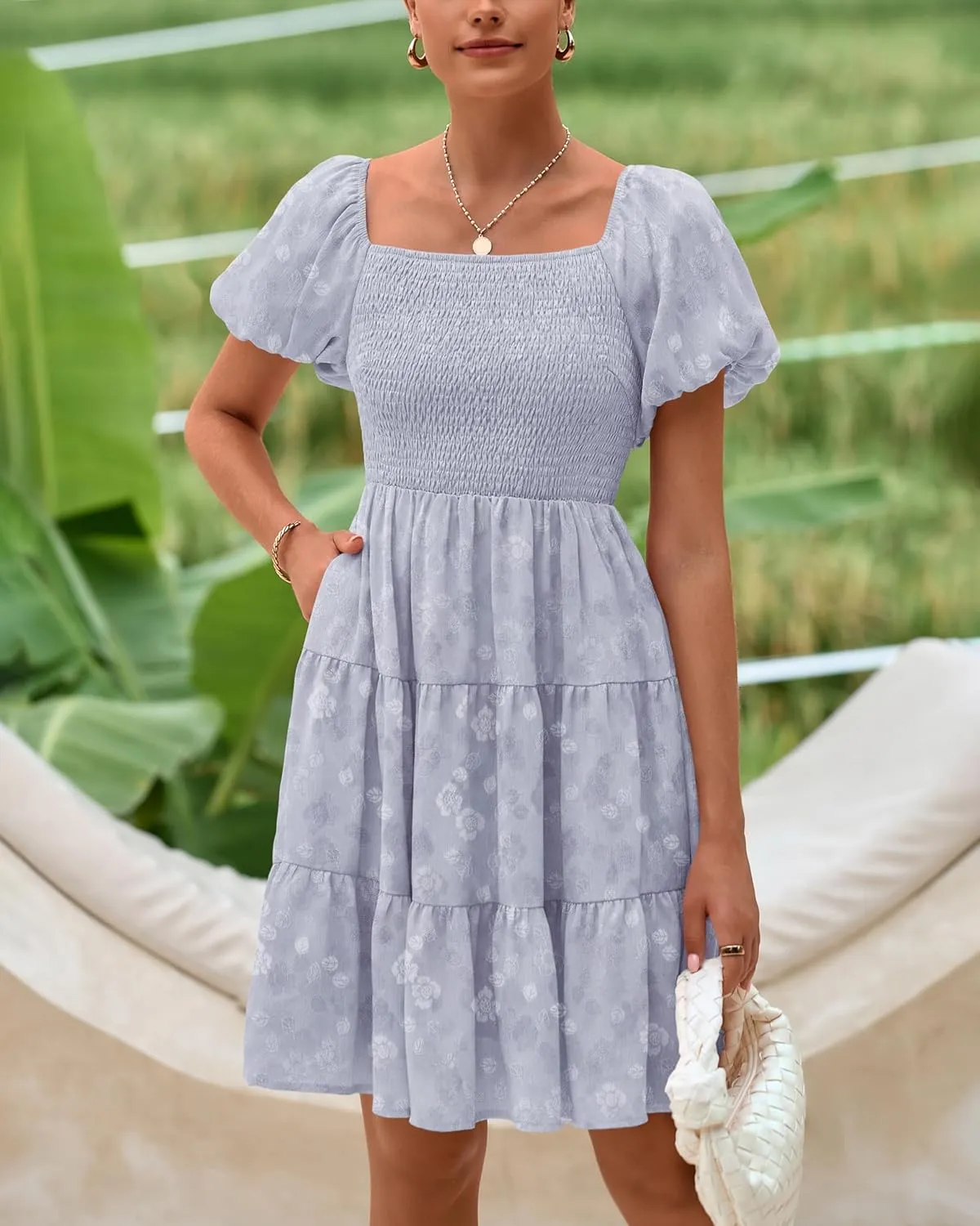 dowerme Womens Summer Dresses 2025 Puff Short Sleeve Square Neck Smocked Floral Wedding Guest Mini Dress with Pockets