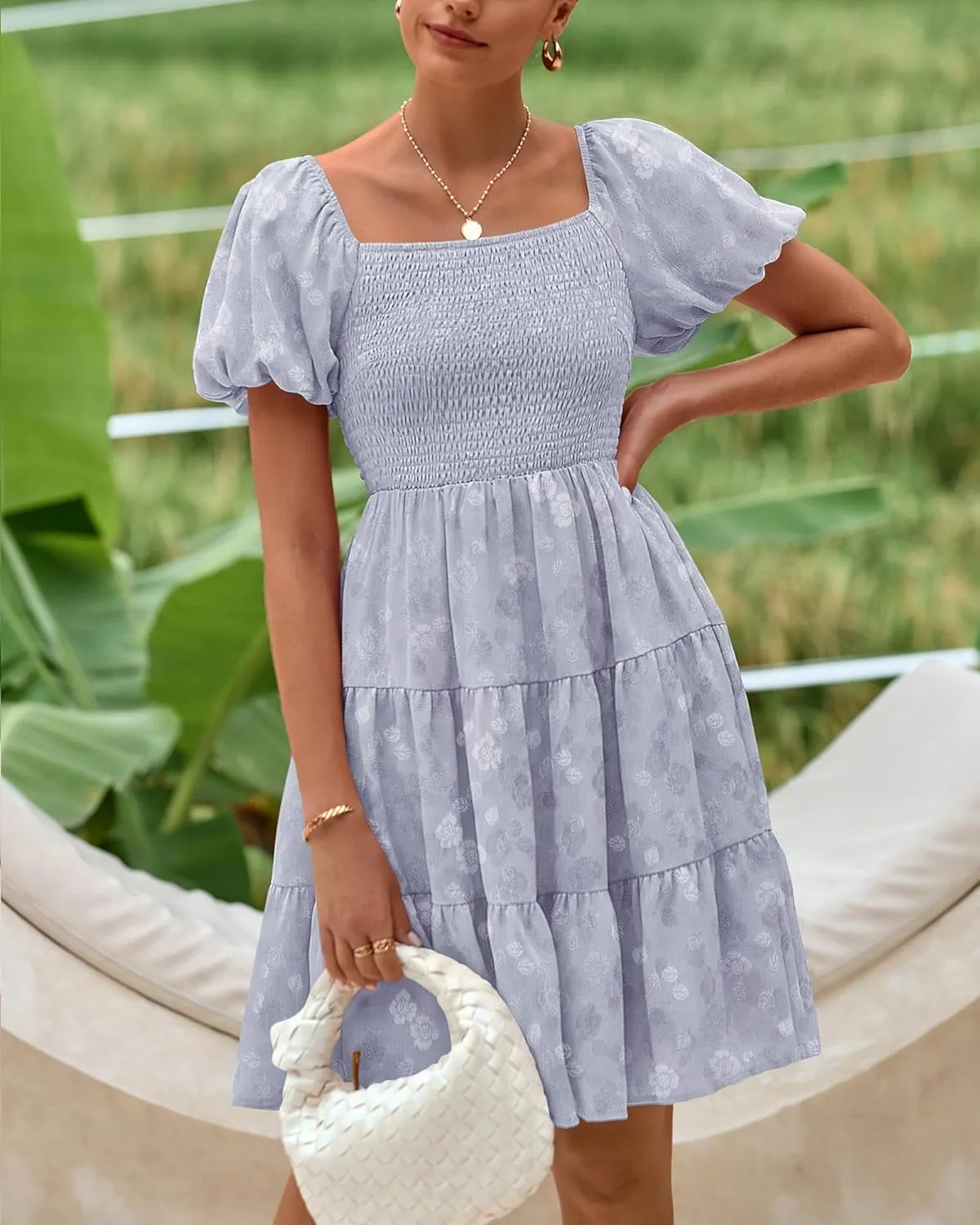 dowerme Womens Summer Dresses 2025 Puff Short Sleeve Square Neck Smocked Floral Wedding Guest Mini Dress with Pockets