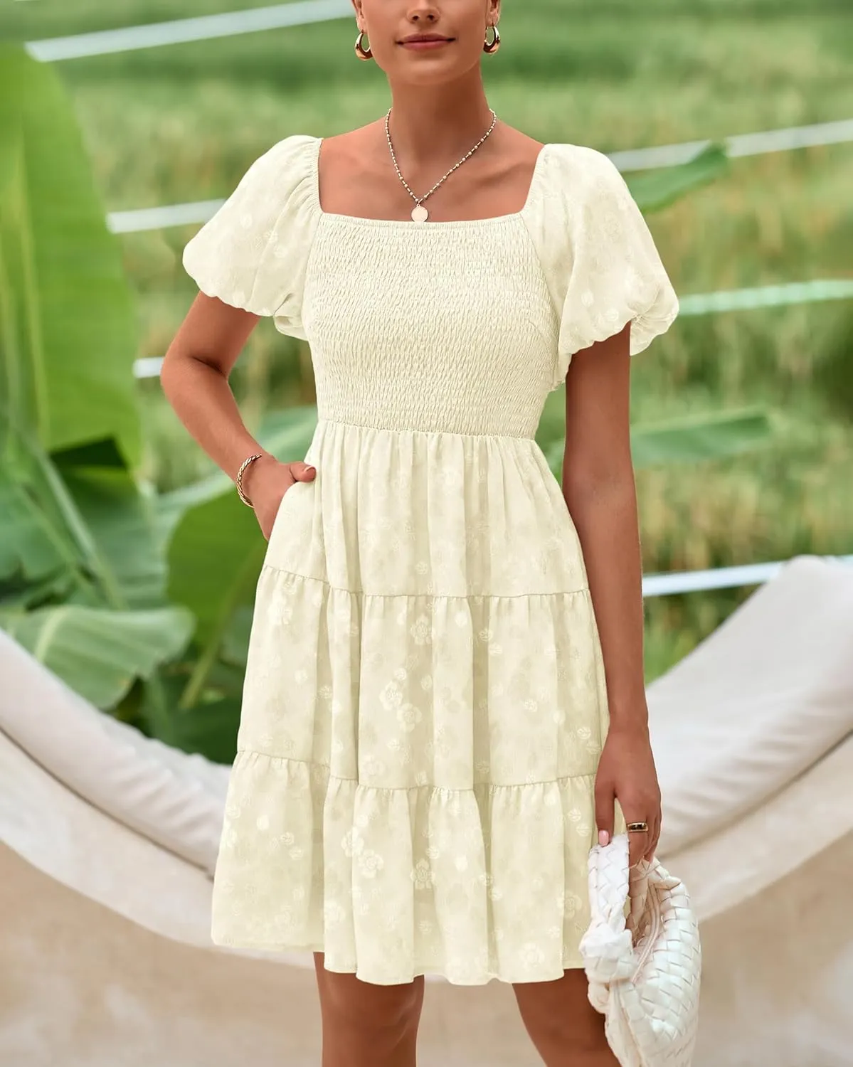 dowerme Womens Summer Dresses 2025 Puff Short Sleeve Square Neck Smocked Floral Wedding Guest Mini Dress with Pockets