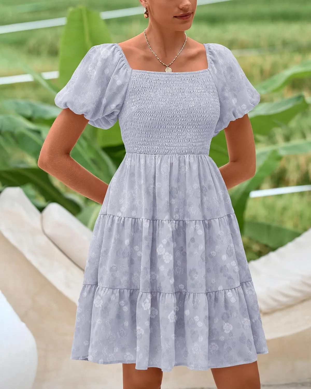 dowerme Womens Summer Dresses 2025 Puff Short Sleeve Square Neck Smocked Floral Wedding Guest Mini Dress with Pockets