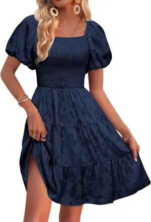 dowerme Womens Summer Dresses 2025 Puff Short Sleeve Square Neck Smocked Floral Wedding Guest Mini Dress with Pockets