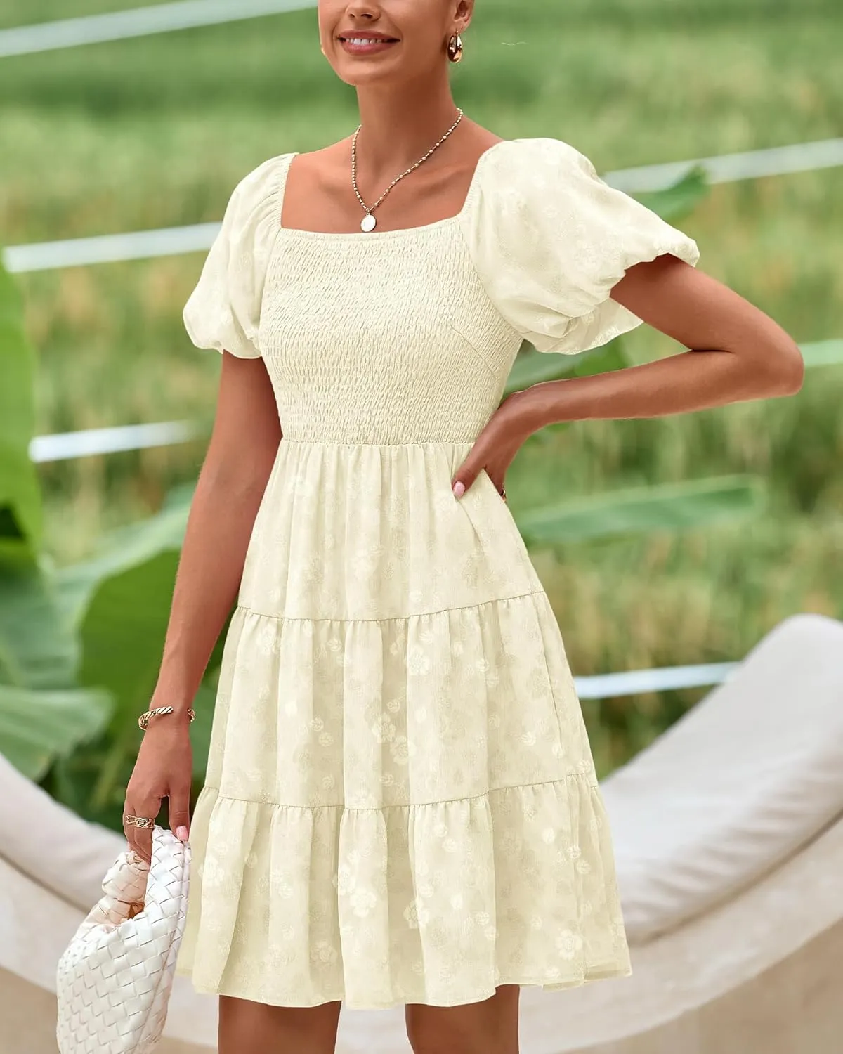 dowerme Womens Summer Dresses 2025 Puff Short Sleeve Square Neck Smocked Floral Wedding Guest Mini Dress with Pockets