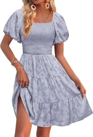 dowerme Womens Summer Dresses 2025 Puff Short Sleeve Square Neck Smocked Floral Wedding Guest Mini Dress with Pockets