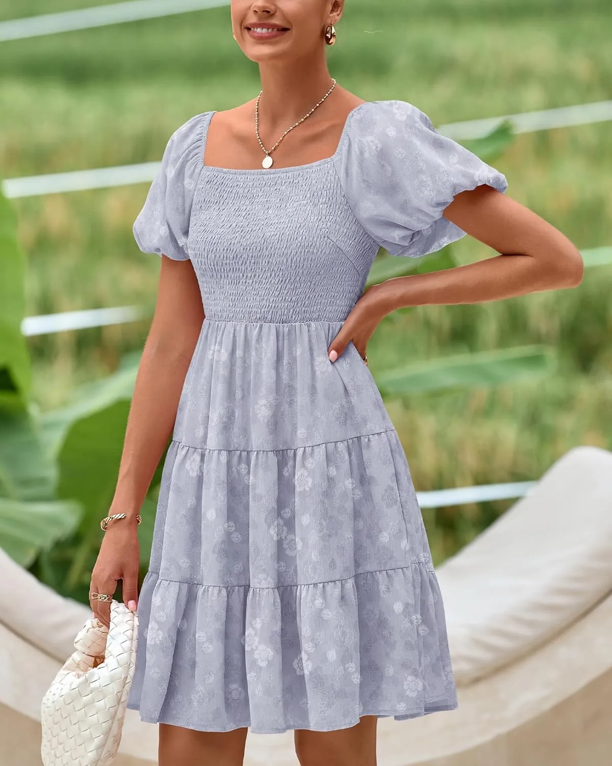 dowerme Womens Summer Dresses 2025 Puff Short Sleeve Square Neck Smocked Floral Wedding Guest Mini Dress with Pockets