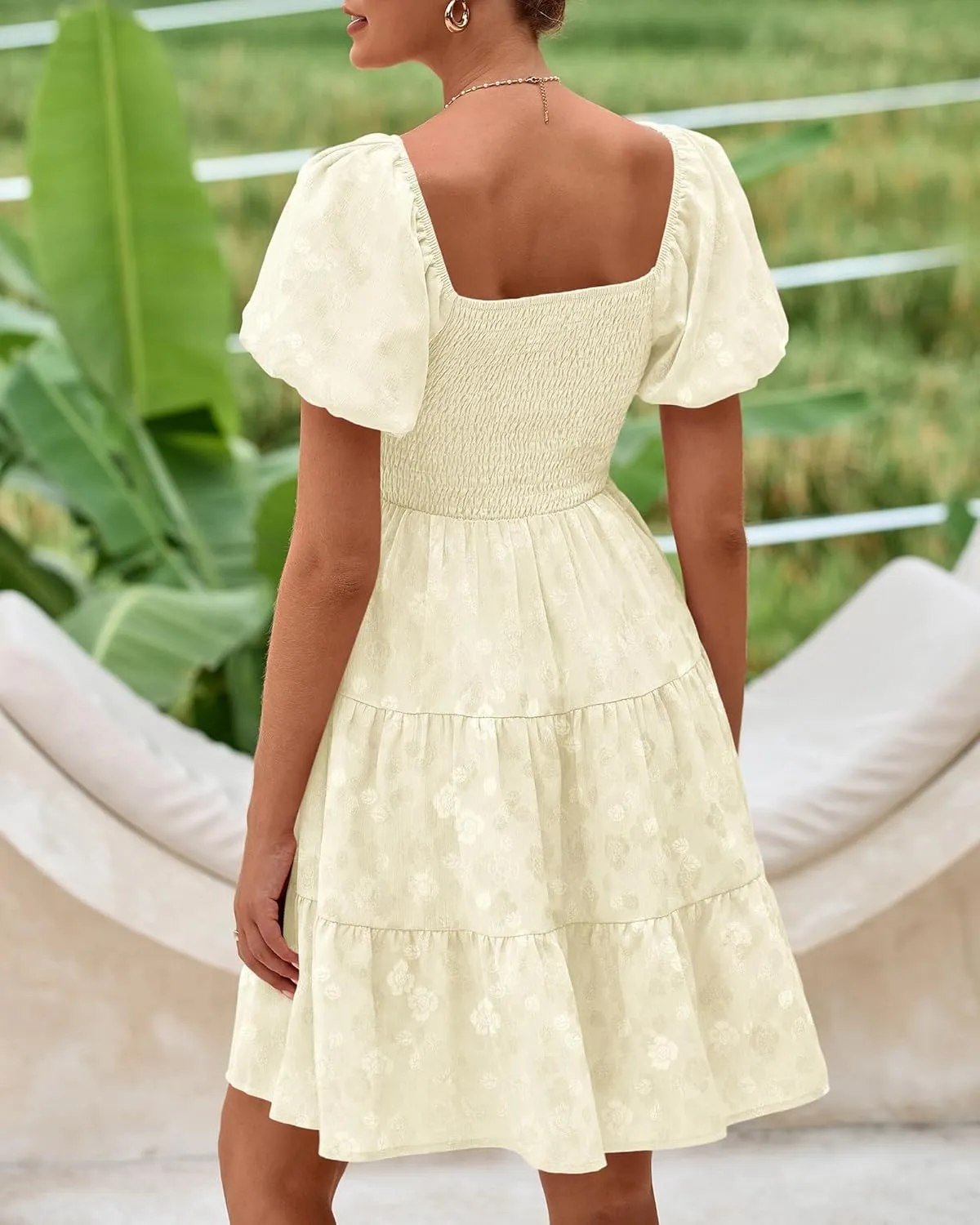 dowerme Womens Summer Dresses 2025 Puff Short Sleeve Square Neck Smocked Floral Wedding Guest Mini Dress with Pockets