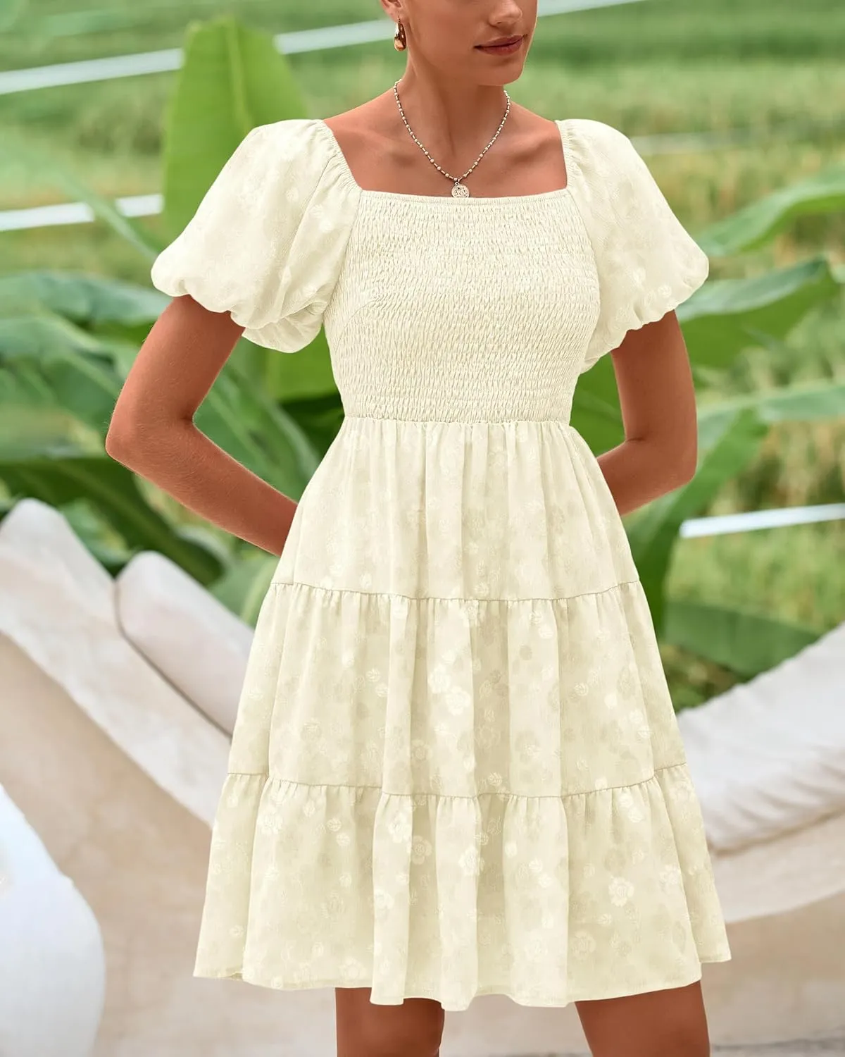 dowerme Womens Summer Dresses 2025 Puff Short Sleeve Square Neck Smocked Floral Wedding Guest Mini Dress with Pockets