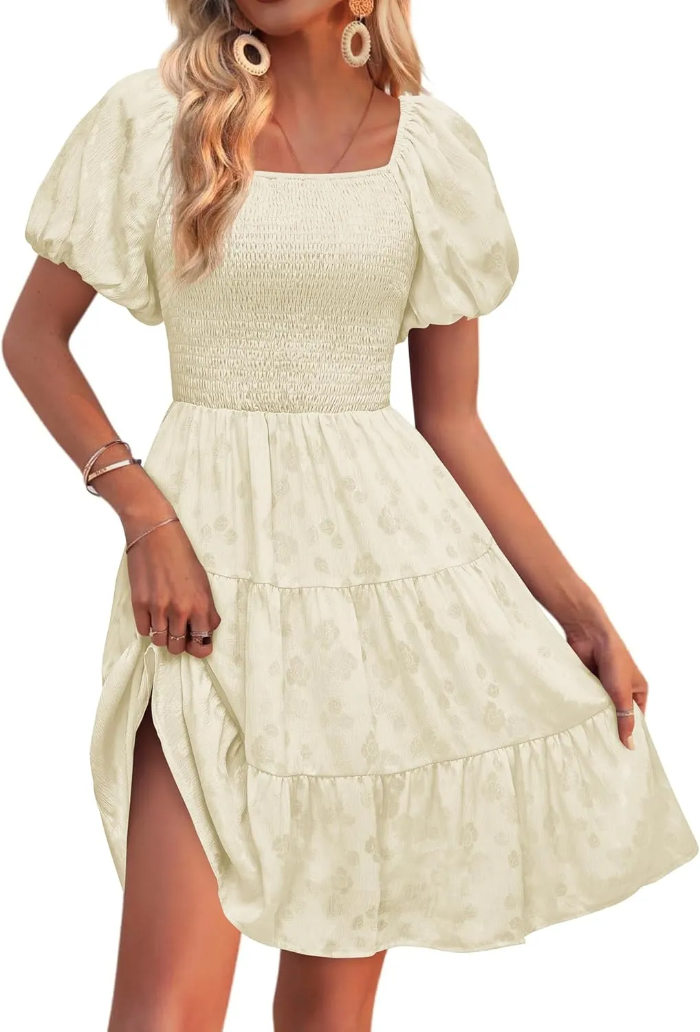 dowerme Womens Summer Dresses 2025 Puff Short Sleeve Square Neck Smocked Floral Wedding Guest Mini Dress with Pockets