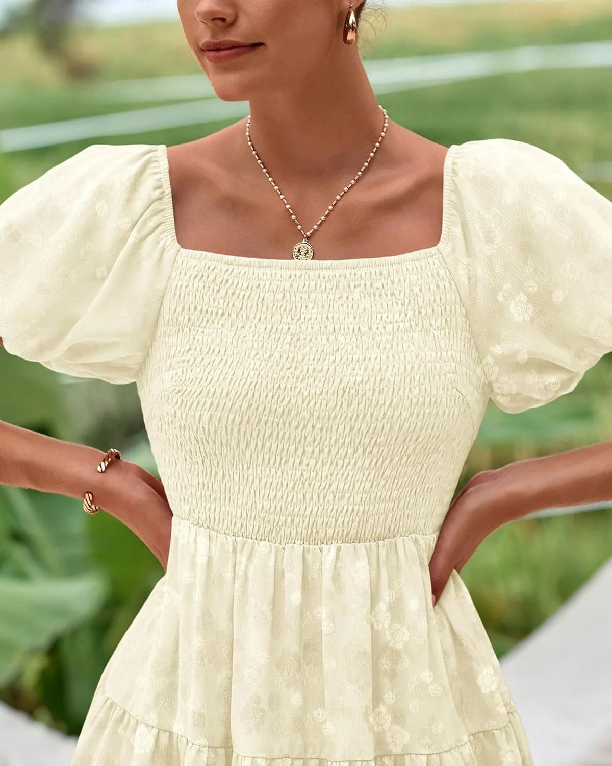 dowerme Womens Summer Dresses 2025 Puff Short Sleeve Square Neck Smocked Floral Wedding Guest Mini Dress with Pockets