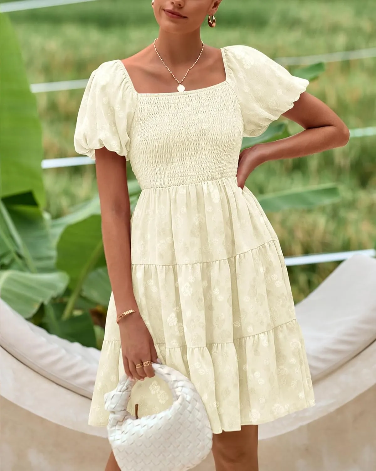 dowerme Womens Summer Dresses 2025 Puff Short Sleeve Square Neck Smocked Floral Wedding Guest Mini Dress with Pockets