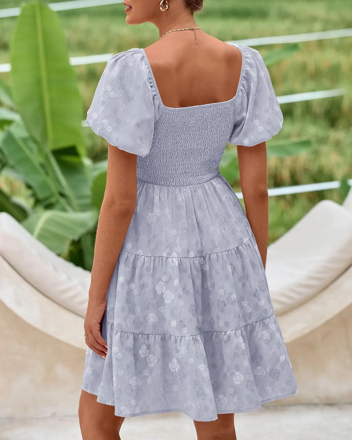 dowerme Womens Summer Dresses 2025 Puff Short Sleeve Square Neck Smocked Floral Wedding Guest Mini Dress with Pockets