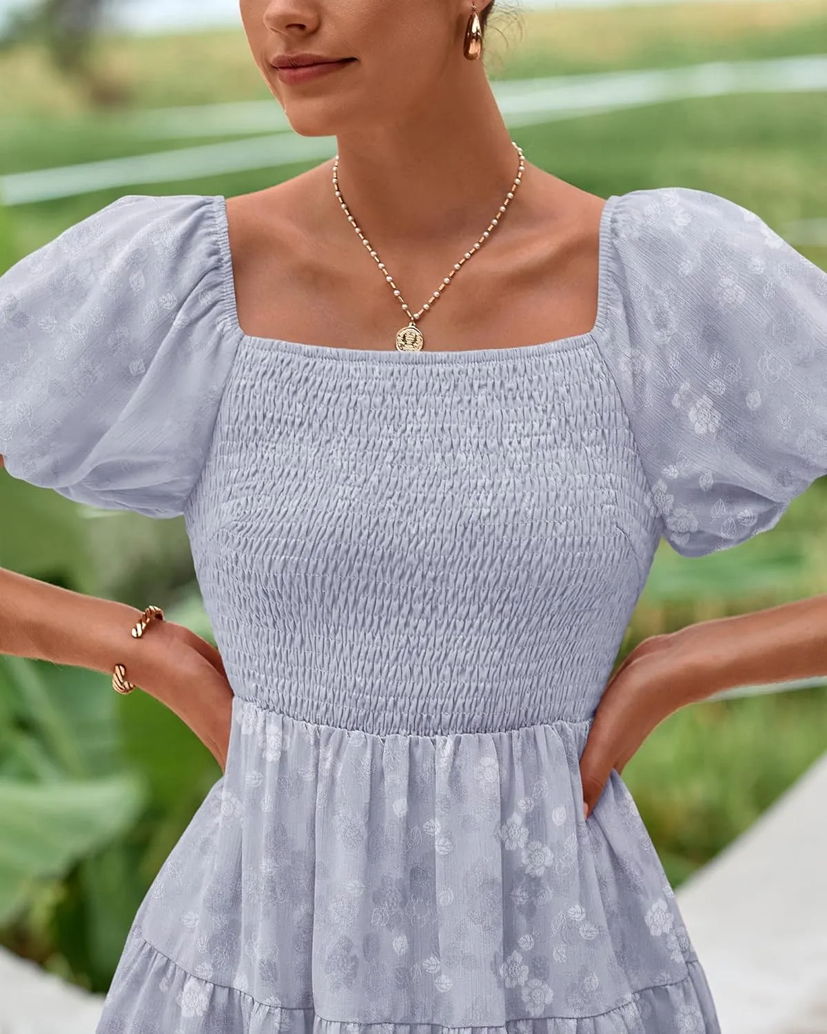 dowerme Womens Summer Dresses 2025 Puff Short Sleeve Square Neck Smocked Floral Wedding Guest Mini Dress with Pockets