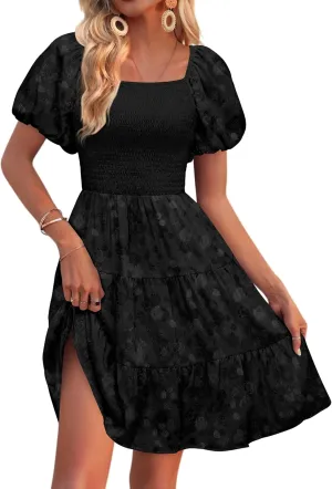 dowerme Womens Summer Dresses 2025 Puff Short Sleeve Square Neck Smocked Floral Wedding Guest Mini Dress with Pockets
