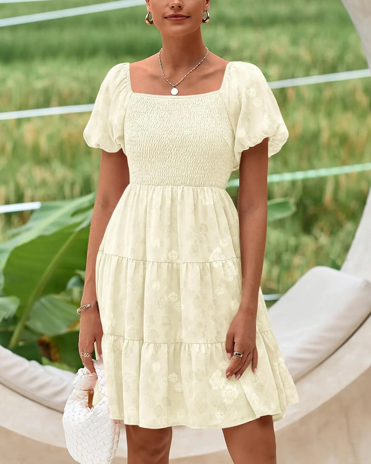 dowerme Womens Summer Dresses 2025 Puff Short Sleeve Square Neck Smocked Floral Wedding Guest Mini Dress with Pockets